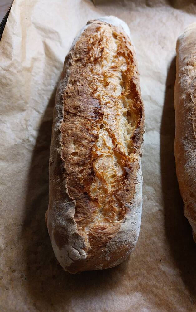 Two crusty white loaves cooling on baking paper