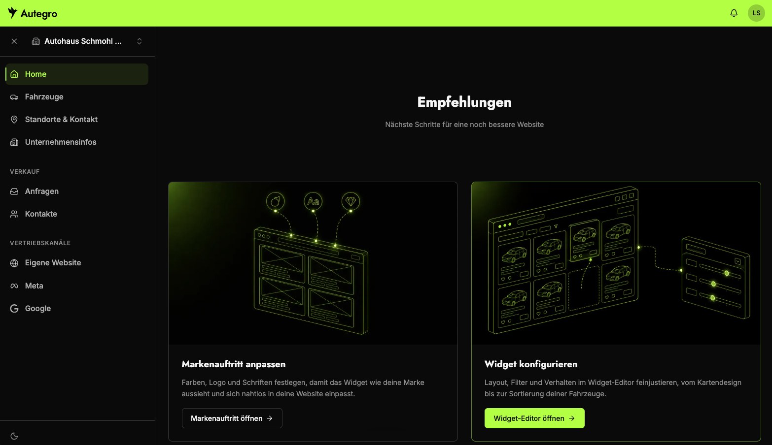 Autegro · the app dashboard, with next-step cards for brand and widget setup