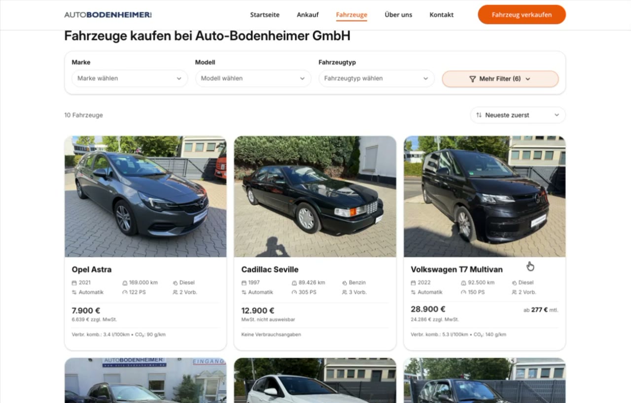 Autegro &middot; the vehicle overview on the Auto-Bodenheimer site, filters across the top over a grid of cars in the dealer's own branding