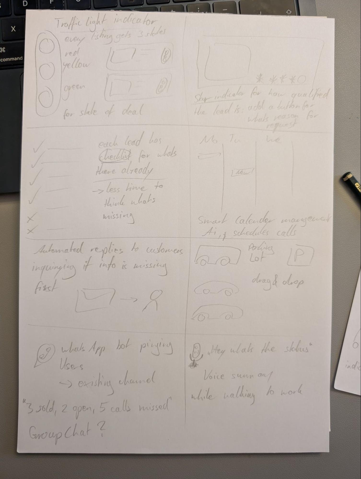 Autegro &middot; the second crazy 8s sheet, with sketches of a traffic light per listing, a lead rating, a lead checklist, calendar scheduling, AI replies and a 3D parking lot