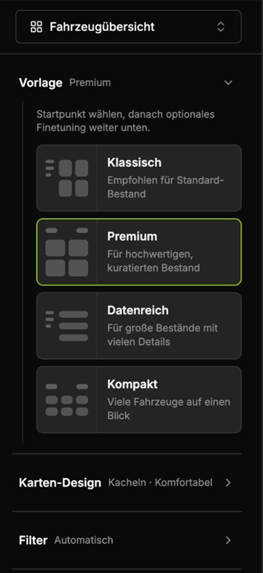 Autegro &middot; the widget configurator after the change: the same panel now opening on four named templates to pick from, with the full controls collapsed underneath
