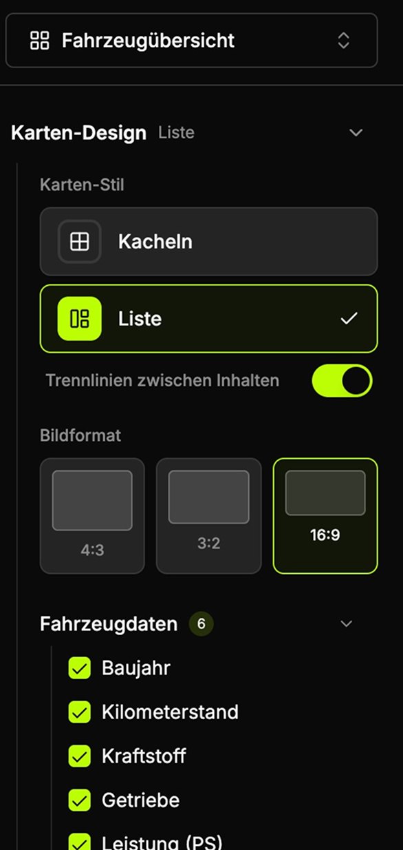 Autegro &middot; the widget configurator before the change: one long column holding every option at once, card style, image format, vehicle data and further info all expanded
