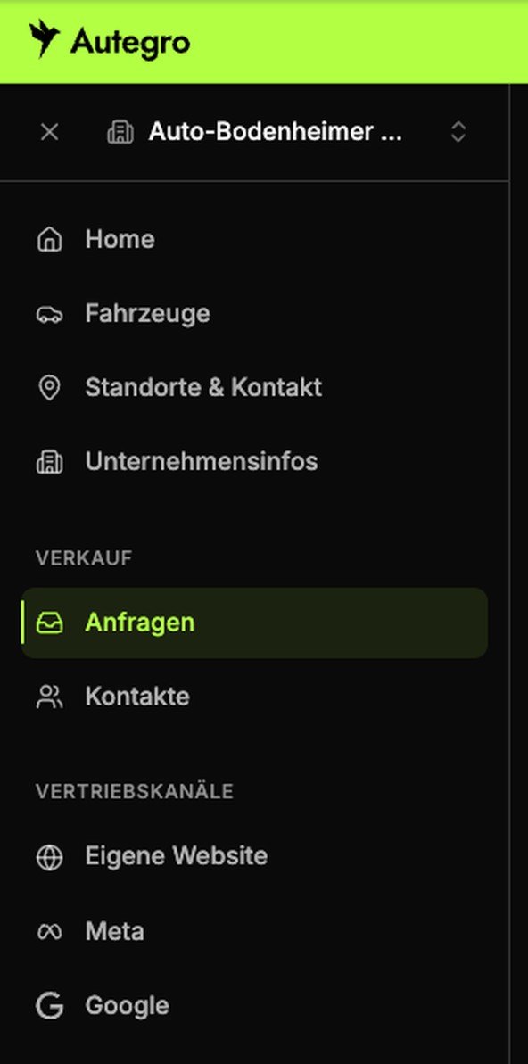 Autegro &middot; the sidebar after the change: subheadings for Verkauf and Vertriebskan&auml;le, with Anfragen, Kontakte and each sales channel named directly