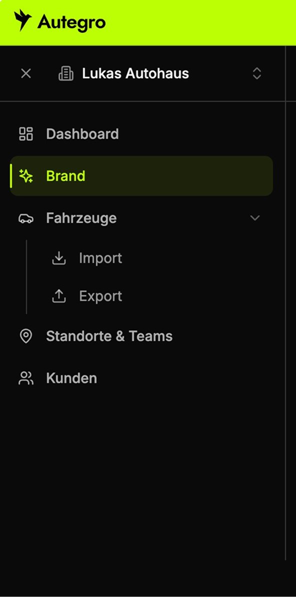 Autegro &middot; the sidebar before the change: Fahrzeuge holding an Import and an Export tab