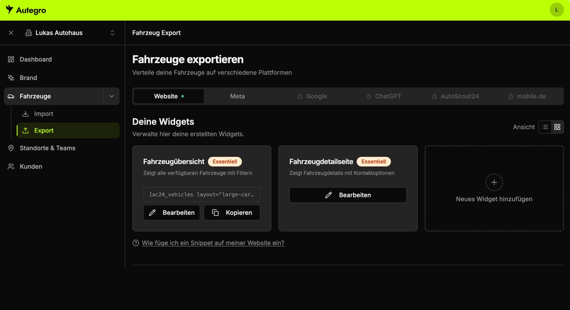 Autegro &middot; the widget list before the change: a truncated code field on the first card with Bearbeiten and Kopieren beside it, and the setup instructions as a small link at the very bottom