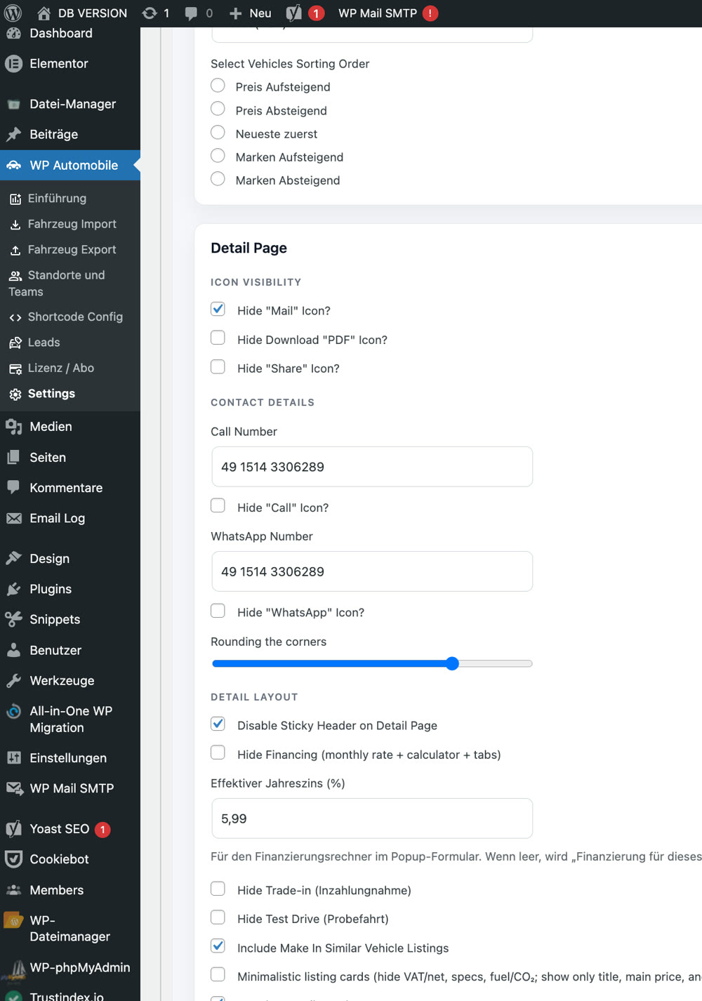 Autegro &middot; the old plugin settings, a column of checkboxes for hiding icons, contact fields and detail page options inside the WordPress admin