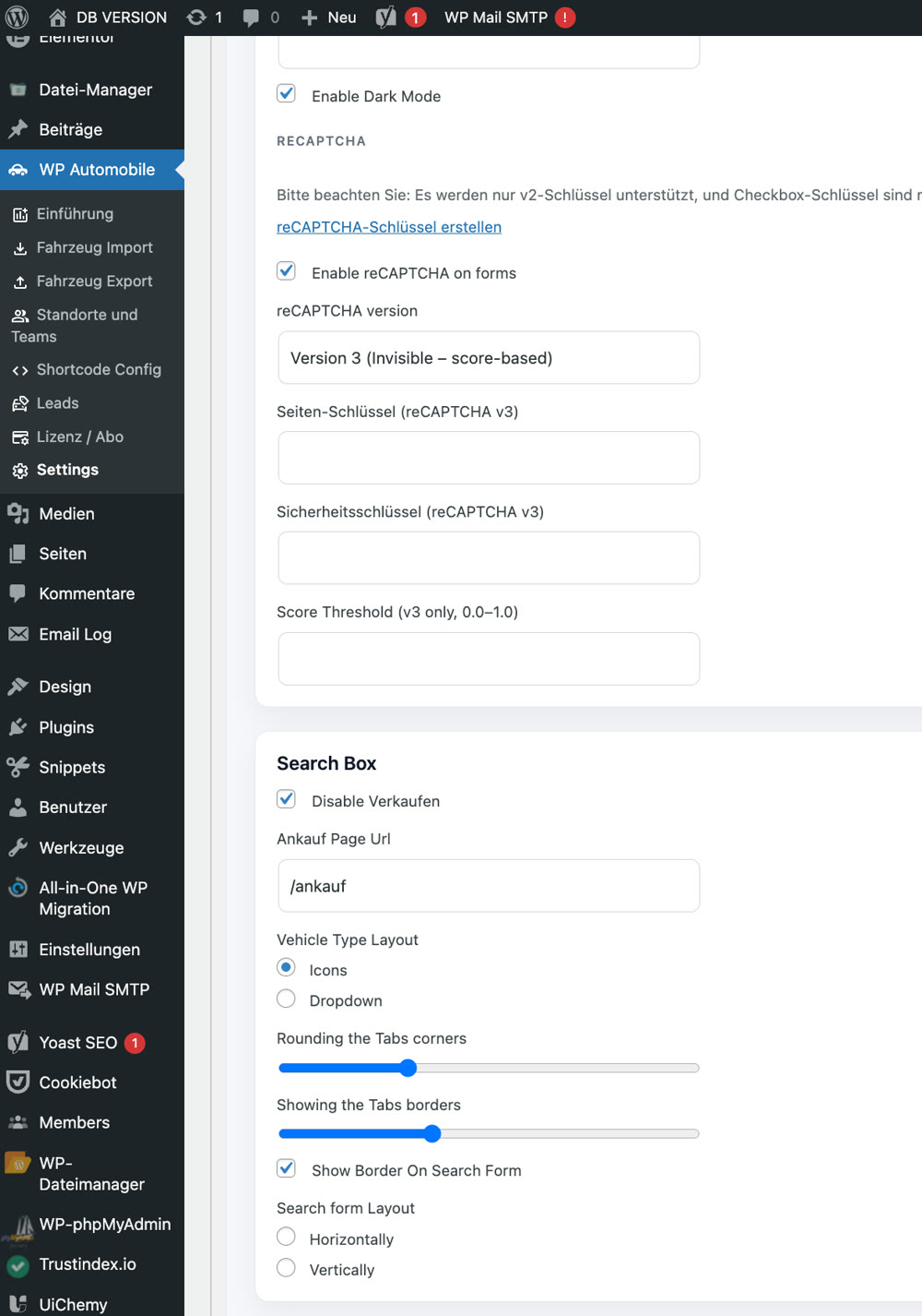 Autegro &middot; more of the same settings page, reCAPTCHA keys above search box options, tab corners and border toggles