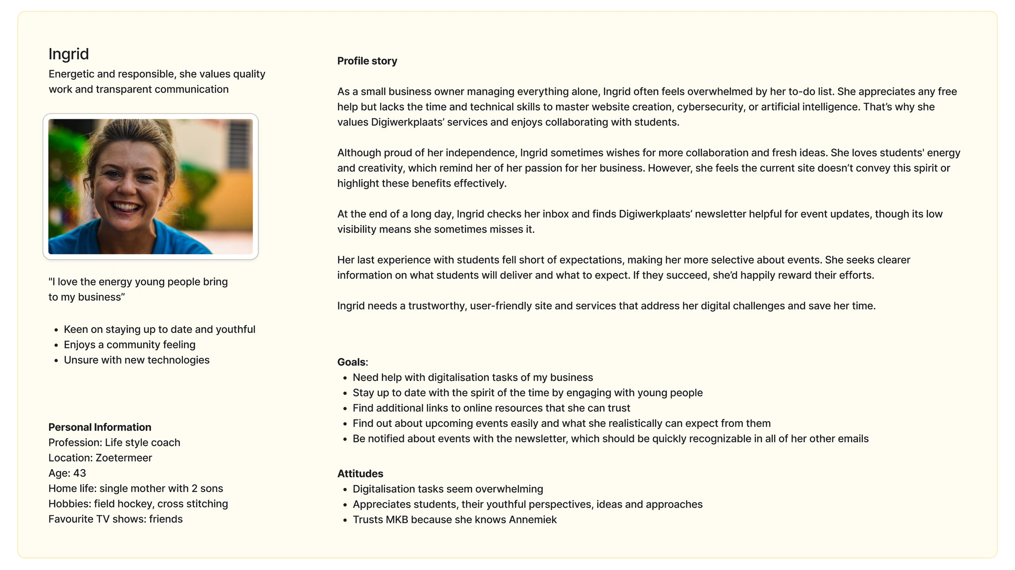 MKB Digiwerkplaats &middot; the Ingrid persona: a 43 year old lifestyle coach from Zoetermeer, her personal details and a quote about the energy young people bring beside her profile story, goals and attitudes