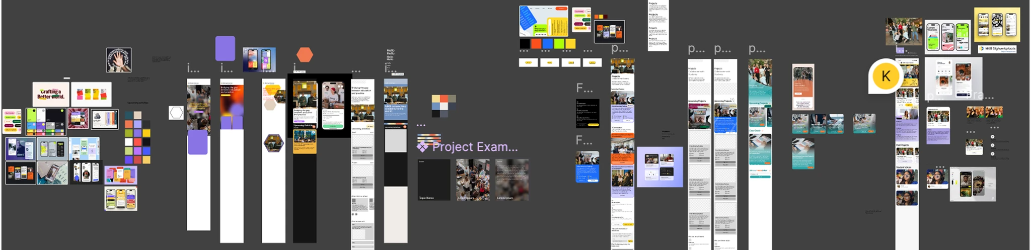 MKB Digiwerkplaats &middot; a zoomed out Figma canvas of the style phase: colour and type tests, mood board scraps and dozens of half finished screen variants strewn across the board