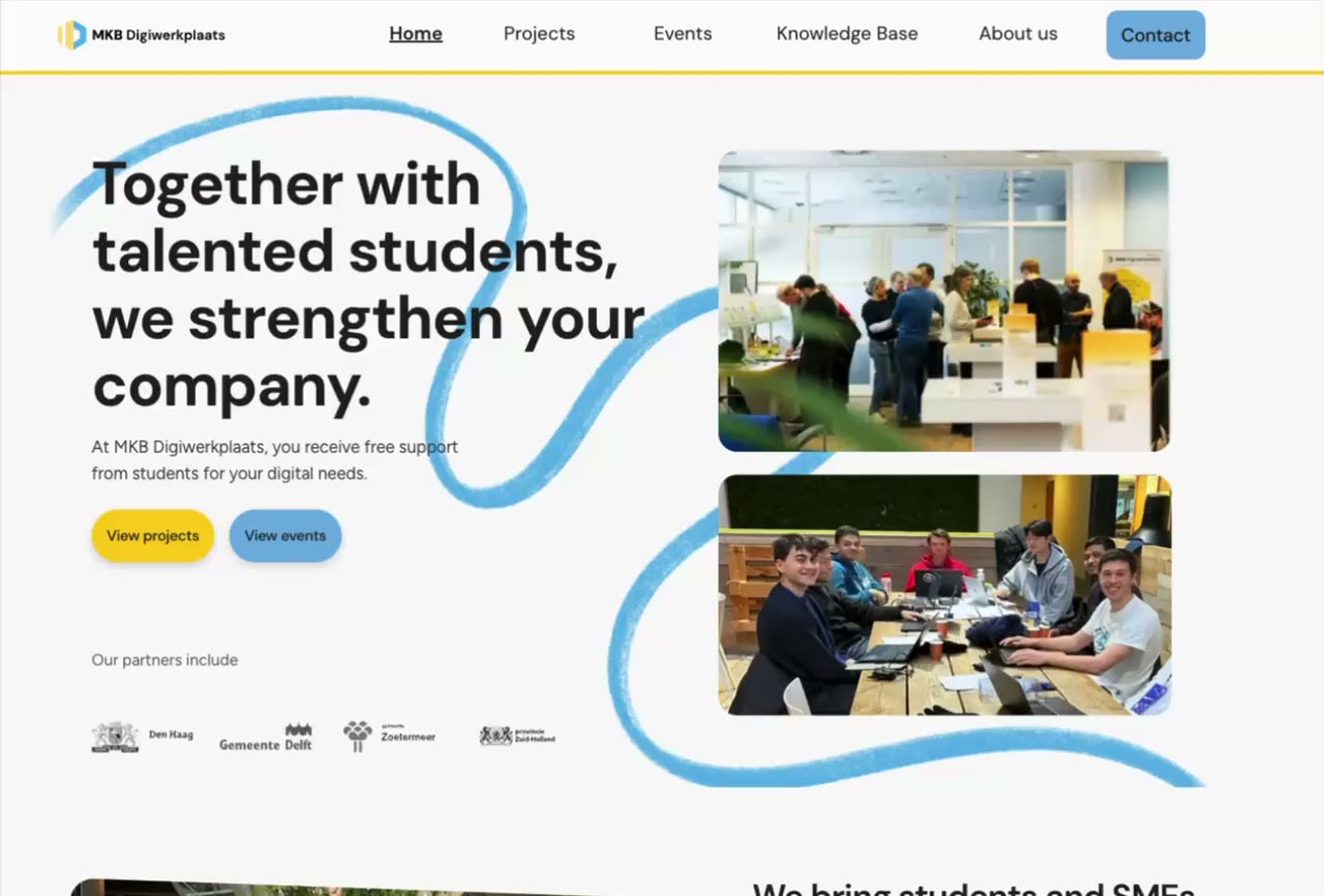 MKB Digiwerkplaats &middot; the homepage of the delivered site, the headline Together with talented students, we strengthen your company beside photos of an event and a student team, a blue scribble running behind both