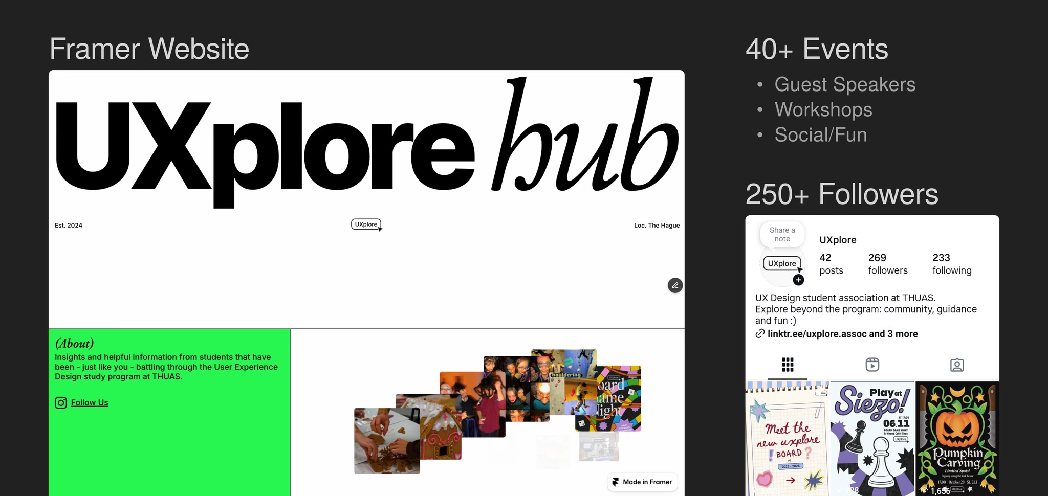 UXplore · Framer site hero, event count and Instagram community stats
